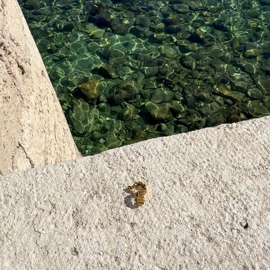 Video mit goldenen wellenförmigen Ohrringen auf einer Steinmauer, daneben das Meer